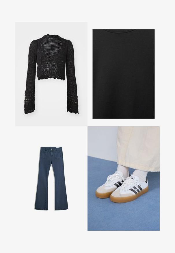 Czarny krótki kardigan z długimi rękawami; wykonany z ażurowego materiału z falbaniastym wykończeniem i detalami w kwiatowy wzór z koronką.; Czarna bawełniana tkanina o gładkiej teksturze i okrągłym dekolcie, z delikatnym, równomiernym wzorem włókna. Brak widocznych logo lub akcentów.; Ciemnoniebieskie dżinsy typu dzwony z przeszytymi kieszeniami, zapięciem na guzik i gładką fakturą. Posiadają klasyczny pięciokieszeniowy fason.; Białe sneakersy z czarnymi paskami i beżowymi zamszowymi akcentami. Posiadają teksturowaną gumową podeszwę i płaskie białe sznurowadła, noszone z jasnymi skarpetami.