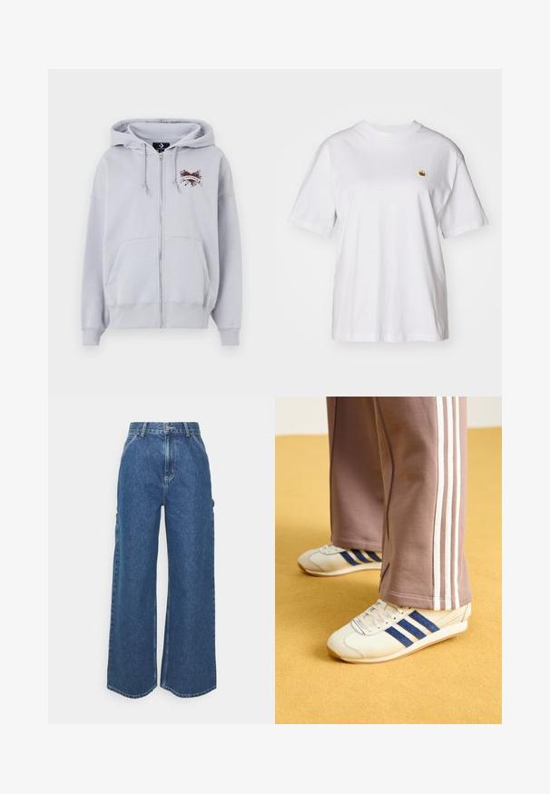 Šedá mikina na zip s klokaní kapsou, kapucí se stahovací šňůrkou a vyšívaným logem s motivem srdce a stuhy.; Bílý bavlněný tričko s volným střihem, krátkými rukávy a malým vyšívaným logem na levé části hrudi.; Široké modré džíny s vysokým pasem, kontrastním šitím a postranními kapsami, které mají klasický design s pěti kapsami a rozstřižené lemy.; Krémové tenisky s modrými semišovými pruhy, bílými tkaničkami a gumovou podrážkou. Spárovány se šedými tepláky s bílými bočními pruhy.