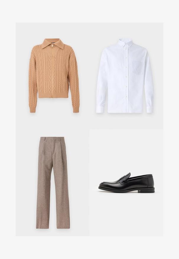 Bežist kardigan, mis on ees lukuga, krae ja tekstuursete kabledesignidega, soonikutega varrukaservade ja äärega.; Valge pikamaa varrukatega nööbiga särk, mis on valmistatud puuvillast ja millel on rinna tasku toon-toonis brodeeringuga, krae ja nööbiga mansetid.; Prunnid, kõrge vöökohaga püksid, mis on valmistatud tekstureeritud kangast. Omavad laiu jalgu ja kahte eesmist voldikut struktuuri jaoks. Korralik viimistlus, ilma nähtava riistvarata.; Mustad mustad nahast loafers sileda tekstuuriga, ümarat ninaosa ja dekoratiivne riba vampi üle. Madal kihiline konts, minimalistlik disain.