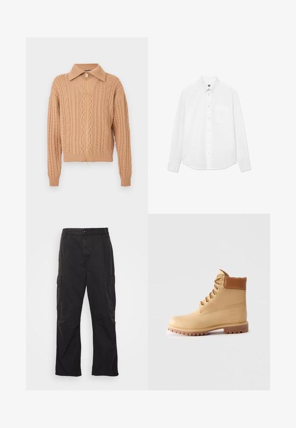 Knit cardigan in beige with a zip front, featuring a collar, textured cable patterns, ribbed cuffs, and hem.; White long-sleeve button-up shirt with a collar, front pocket, and subtle texture. Front placket features buttons and a small logo detail.; Black cargo pants with a straight-leg design, featuring two side pockets, a button closure, and a textured fabric.; Light brown leather ankle boot with padded collar, gold eyelets, tan laces, and thick lug sole on plain light background.