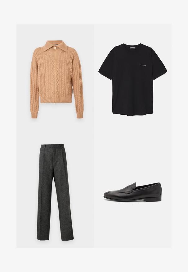 Neulejakku beigen värisenä, vetoketjulla edessä, jossa on kaulus, kuvioidut palmikkoneuleet, resorit hihansuissa ja helmassa.; Musta puuvillapaita, jossa on pyöreä kaula-aukko, lyhyet hihat ja valkoinen logopainatus vasemmassa rinnassa. Yksinkertainen, tasavärinen design.; Harmaat räätälöidyt housut, jotka on valmistettu teksturoidusta kankaasta, ja niissä on kaksi etutaskua ja suora lahjemuoto. Ei näkyviä taskuja tai koristeluja.; Musta nahkainen miesten loaferi, jossa on matala korko ja klassinen penny-nauha, esitelty sivuprofiilissa valkoista taustaa vasten.