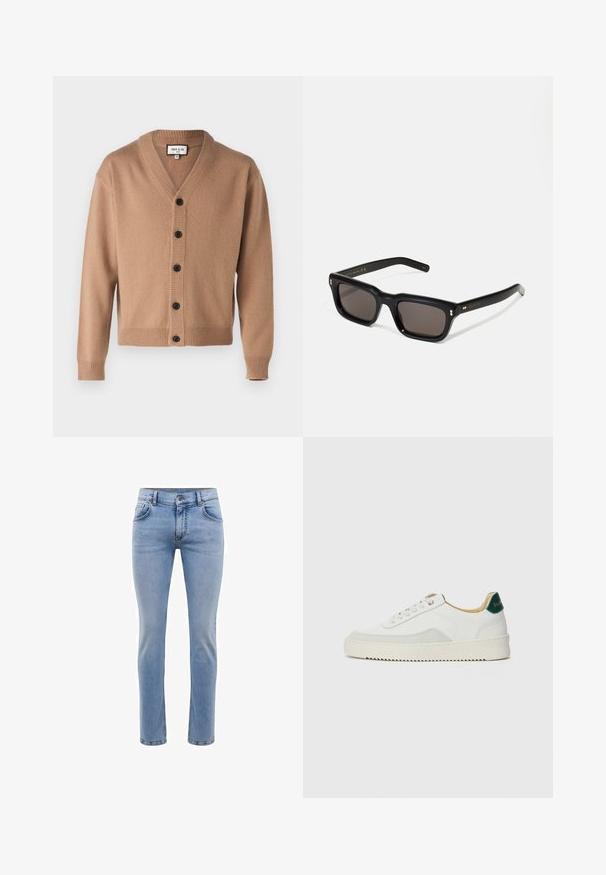 Paul & Joe UJIM - Cardigan - beige; Black cotton T-shirt featuring a round neckline, short sleeves, and "EMPORIO ARMANI" logo in white above "Milano" in a curved design.; Light blue denim jeans with a slim fit, five pockets, and a straight leg design. Features a zipper fly and belt loops. Soft texture.; White sneaker with suede accents, rounded toe, flat laces, and a cream rubber sole. Features green branding on the heel.; Black rectangular sunglasses with dark lenses, thick plastic frame, gold accents on temples, and brand logo engraved on the arm.