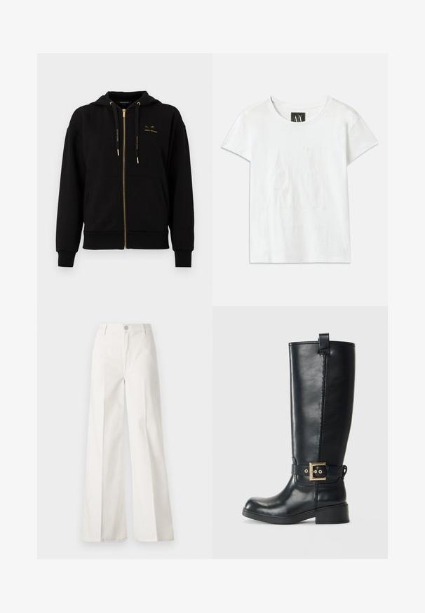 Crna zip-up dukserica izrađena od mekanog materijala. Ima zlatne detalje, kapuljaču savezicom i mali logo na prsima. Riblje manžetne i donji rub.; Bijela pamučna majica s kratkim rukavima, s izdošenim logotipom "AX" sprijeda i tekstom "ARMANI EXCHANGE" ispod u suptilnom dizajnu.; Bijele široke hlače izrađene od pamuka s glatkom teksturom. Imaju prednji gumb, patentni zatvarač i dizajn s četiri džepa.; Crne čizme od kože do koljena s niskim blok petom, dekorativnim zlatnim remenom s kopčanjem oko gležnja i držačem na vrhu.