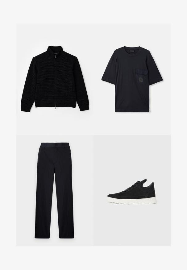 Czarna kurtka zapinana na zamek błyskawiczny z wysokim kołnierzem, teksturowana tkanina z subtelnym wzorem, dwa przednie kieszenie oraz ściągacze przy mankietach i na dole.; Czarna krótkozasięgowa koszulka z okrągłym dekoltem, z klapką na lewej piersi, z małą prostokątną łatką z logo.; Czarne spodnie wykonane z lekkiego, teksturowanego materiału, o prostym kroju, z elastycznym paskiem i bocznymi kieszeniami na zamek.; Czarne zamszowe sneakersy z białą gumową podeszwą, z tonalnym przeszyciem i sznurowanym zapięciem. Gładka tekstura, nowoczesny, smukły kształt.