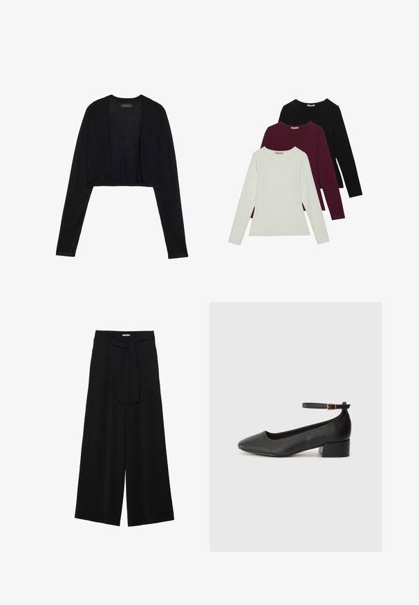 Cárdigan negro corto con mangas largas, hecho de una ligera tela de punto. Presenta un diseño de abertura frontal y bordes redondeados.; Camisetas de manga larga en blanco, burdeos y negro. Fabricadas con una tela suave, con escote redondo y diseño ajustado. Adecuadas para capas.; Pantalones de pierna ancha negros con un tejido texturizado, una cinturilla elástica y un lazo desmontable en la cintura para un ajuste ajustable.; Zapato de tacón negro de cuero con punta afilada y tacón bajo cuadrado. Presenta una correa para el tobillo con una hebilla en tono dorado. Textura suave.