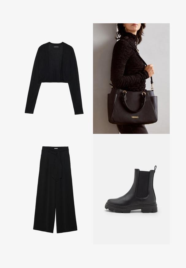 Black cropped cardigan with long sleeves, made of lightweight knit fabric. Features open-front design and rounded edges.; Navy and white striped long-sleeve top with a boat neckline and gold-button accents on rolled sleeves. Soft fabric, relaxed fit.; Black wide-leg pants featuring a textured fabric, an elastic waistband, and a detachable sash tie at the waist for adjustable fit.; Black leather ankle boot with elastic side panels, rounded toe, and textured rubber sole. Features a loop at the back for easy wear.; Black handbag with textured surface, dual top handles, and adjustable shoulder strap. Features gold-tone hardware and side pockets.