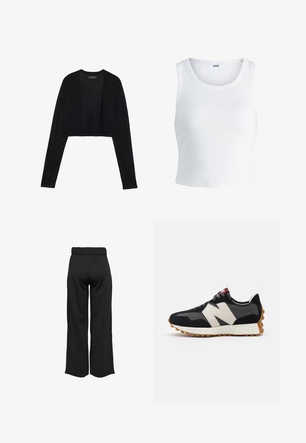 Cardigan preto cropped com mangas longas, feito de um tecido de malha leve. Apresenta um design de frente aberta e bordas arredondadas.; Top curto branco com nervuras, apresentando um decote redondo, design sem mangas e um comprimento cropped. Rótulo lê "JJXX." Textura de tecido suave.; Calças largas e pretas com uma cinta elástica, feitas de um tecido suave. Apresentam um design limpo, sem bolsos ou detalhes de costura visíveis.; Sneaker em camurça preta e cinza com um grande logótipo "N" creme, cordões roxos e uma sola de borracha texturizada em cor de goma.