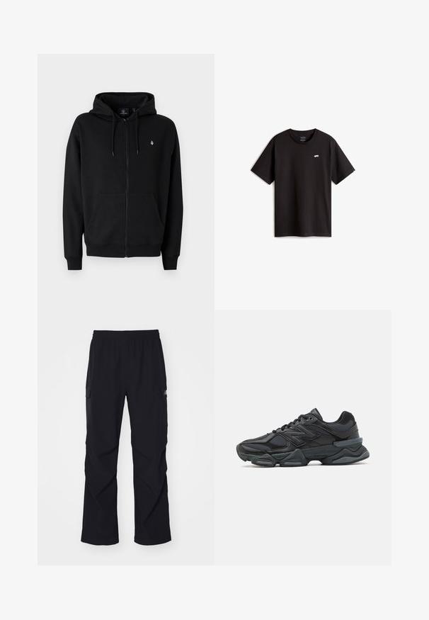 Felpa nera con zip in tessuto morbido, dotata di tasca a canguro, polsini a coste, cappuccio regolabile con coulisse e un piccolo logo sul petto.; T-shirt nera in cotone con maniche corte e scollo rotondo. Presenta un piccolo logo bianco di skateboard sul petto. Design e taglio semplici.; Pantaloni cargo neri realizzati in materiale leggero, con vita elastica, tasche laterali e design a gamba dritta.; Scarpa da corsa nera con una combinazione di materiali in rete e sintetici, suola spessa, design curvo e marchio ben visibile sul lato.