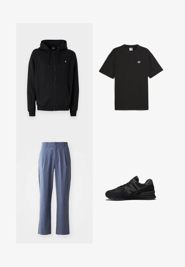 Black zip-up hoodie in soft fabric, featuring a kangaroo pocket, ribbed cuffs, adjustable drawstring hood, and a small logo on the chest.; Black short-sleeve t-shirt made of cotton, featuring a crew neckline and small white logo on the chest. Simple, relaxed fit.; Navy blue trousers with pleats, straight cut, made of lightweight fabric, featuring a single front button closure and belt loops.; Black sneaker featuring a suede and mesh upper, thick sole, and prominent 'N' logo on the side. Textured design with lace closure.