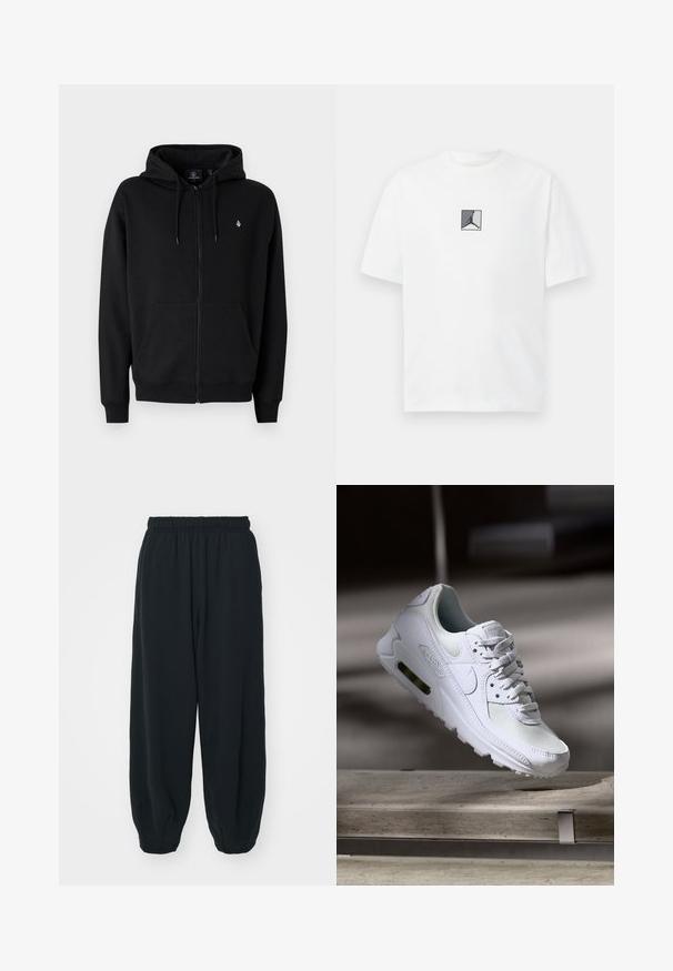 Must ja tõmbega kapuutsiga pehme kangast must kapuuts, millel on kängurupocket, soonikkoes varrukad, reguleeritav kummipaelaga kapuuts ja rindkeres väike logo.; Valge puuvillane T-särk, millel on keskel must ja hall logo graafika. Klasikaline ümmargune kaelus ja lühikesed varrukad, millel on mugav lõige.; Mustade elastse vöökoha ja laia lõikega dressipüksid, mansetiga sääred, sile tekstuur ning ilma nähtavate mustrite või detailideta.; Valged Nike Air Max 90 sneakers, millel on võrkkangast ja nahast ülemine osa, aukudega varbadosa ning nähtav õhuüksus kandades.