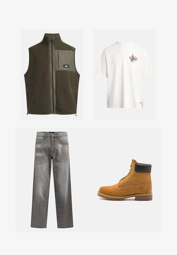 Fleecevest i mørk olivenfarve med høj krave, lynlåslukning og brystlomme til venstre. Har tekstureret stof og sidelommer.; Cremefarvet bomulds t-shirt med korte ærmer og rund halsudskæring. Har et grafisk print i blåt og rødt med tekst og motiv.; Grå denim vidde-ben jeans med et falmet look, klassisk design med fem lommer og lukning med metalknap. Tekstureret stof med subtile sliddetaljer.; Tan nubuck ankelstøvle med sort polstret krave, gyldne metaløjer, hvid syning detaljer og robust gummisål med udtalte slidbaner.