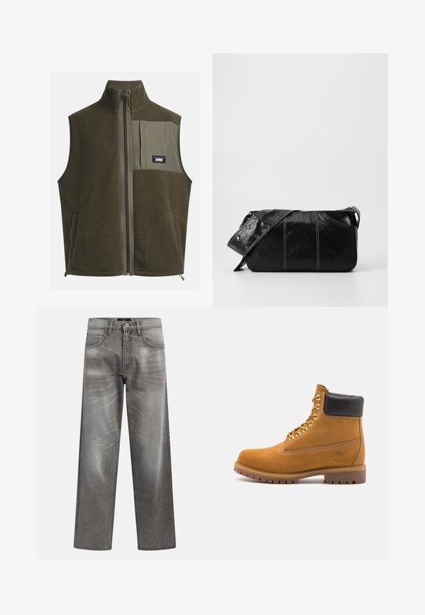 Fleece vest in donkergroen olijf met een hoge kraag, ritssluiting en een borstzak aan de linkerkant. Beschikt over een textuurstof en zijzakken.; Crème katoenen t-shirt met korte mouwen en een ronde hals. Kenmerkt een grafische print in blauw en rood met tekst en een motief.; Grijze denim wijde broekspijpen spijkerbroek met een vervaagde afwerking, klassiek ontwerp met vijf zakken en een metalen knoopsluiting. Gestructureerde stof met subtiele slijtage-details.; Tan suède enkelboot met zwart gevoerd kraagje, gouden metalen oogjes, witte stikdetails en een robuuste rubberen zool met uitgesproken profiel.; Zwarte leren schoudertas met een ritsluiting, voorzien van een gestructureerd lichaam, witte stiksels en een band met zilveren oogjes.