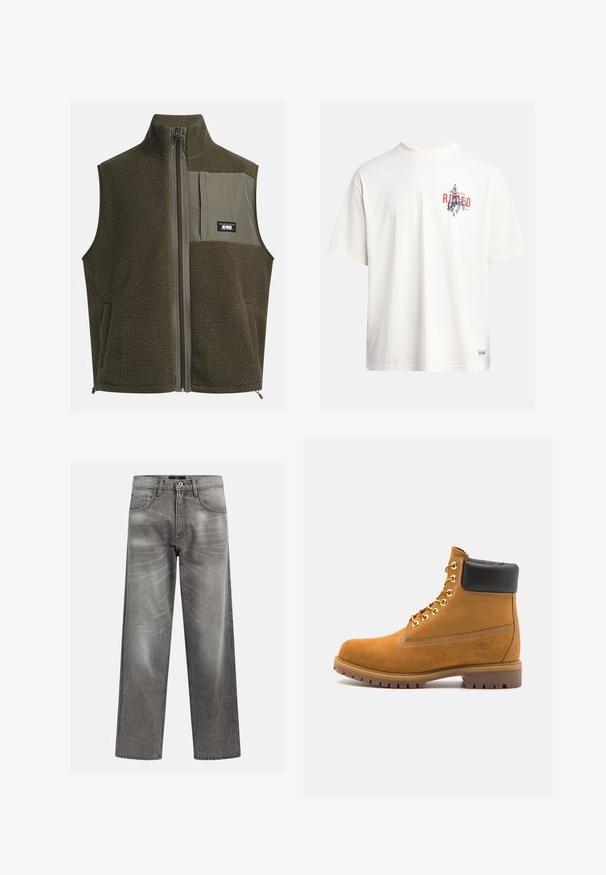 Fleece vesta v tmavě olivové barvě s vysokým límcem, zipovým uzávěrem a kapsou na levé části hrudi. Obsahuje texturovanou látku a boční kapsy.; Krémové bavlněné tričko s krátkými rukávy a kulatým výstřihem. Obsahuje grafický potisk v modré a červené barvě s textem a motivem.; Šedé džíny z denimu s volným střihem, s detaily vyblednutí a škrábáním, klasickým pětikapsovým designem a zapínáním na knoflík.; Hnědé semišové kotníkové boty s černým polstrovaným límcem, zlatými kovovými očky, bílým prošíváním a odolnou gumovou podrážkou s výraznými drážkami.