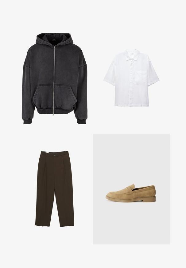 Sötét szürke zipzáros kapucnis felső, puha anyagból készült. Elülső zsebe van, bordázott mandzsettákkal és aljjal, valamint húzózsinóros kapucnival.; Fehér, rövid ujjú ing gombos elülső résszel, gallérral és egyetlen mellzsebbel. Könnyű anyagból készült, sima textúrával.; Sötétbarna, szabott nadrág elülső redőkkel, övhurkokkal és gombos záródással a deréknál.; Barna suede loafer cipők lekerekített orral, alacsony blokksarkú, és varrott részletezéssel a felső részen. Simító textúra és minimalista kialakítás.