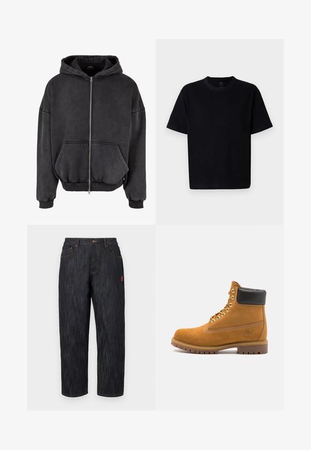 Felpa con zip grigia scura, realizzata in tessuto morbido. Presenta una tasca a marsupio frontale, polsini e orlo a coste, e un cappuccio regolabile con coulisse.; Maglietta nera in cotone con scollatura rotonda, maniche corte e taglio dritto. Presenta cuciture minime e una texture morbida e liscia.; Jeans in denim scuro con una vestibilità ampia. Presentano una chiusura a bottone, cinque tasche e cuciture arancioni a contrasto. Etichetta rossa sul lato.; Stivale alla caviglia in suede tan con collare imbottito nero, occhielli in metallo dorato, dettagli in cucitura bianca e suola in gomma robusta con battistrada pronunciato.