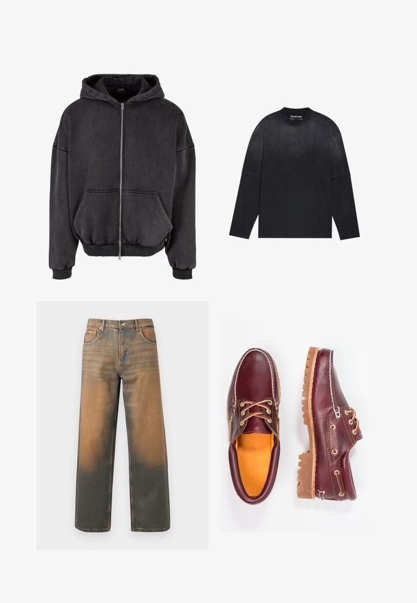 Zipsová mikina tmavosivej farby, vyrobená z mäkkej textílie. Obsahuje prednú vrecko, ribované manžety a spodný okraj, a kapucňu so šnúrkou.; Čierne tričko s dlhými rukávmi vyrobené z mäkkej tkaniny; má okrúhly výstrih, voľný strih a jemný prechodový efekt od svetlej po tmavú.; Džínsy s širokými nohavicami v poškodenom modrom a hnedom denime. Majú vysoký pás, predné vrecká a klasické zapínanie na gombík s kovovými akcentmi.; Bordové kožené topánky s hnedými gumovými podrážkami, okrúhlou špičkou, bielym prešívaním a zlatými kovaniami. Interiér má žlté podšívku.