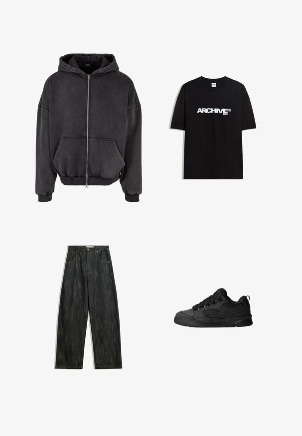 Tummanharmaa vetoketjullinen huppari, joka on valmistettu pehmeästä kankaasta. Siinä on etutasku, röyhelömainen hihansuiden ja helman viimeistely sekä nyörillä säädettävä huppu.; Musta puuvillainen T-paita, jossa on valkoinen "ARCHIVE inc." -logo rinnassa, lyhyet hihat ja pyöreä kaula-auko.; Tummansiniset farkut, joissa on löysä istuvuus, hienovarainen pystykudos, keltainen ommel, viisi taskua ja klassinen nappisulku.; Mustat tennarit, joissa on teksturoitu päällyspinta, nauhat, verkkokohdat hengittävyyttä varten, pehmeä kaulus ja kestävä pohja.
