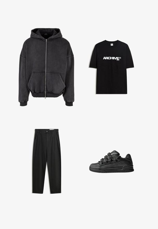Zapínací mikina na zip v tmavě šedé barvě, vyrobená z měkké tkaniny. Obsahuje přední kapsu, žebrované manžety a lem, a kapuci se stahovací šňůrkou.; Černé bavlněné tričko s bílým logem "ARCHIVE inc." na hrudi, krátké rukávy a kulatý výstřih.; Černé bavlněné kalhoty s uvolněným střihem, klasickým pasem, předními záhyby a bočními kapsami. Hladká textura bez vzorů.; Černé tenisky s hladkým koženým svrškem, texturovanými akcenty a kulatými černobílými tkaničkami. Silná gumová podrážka s vzorovaným dezénem.