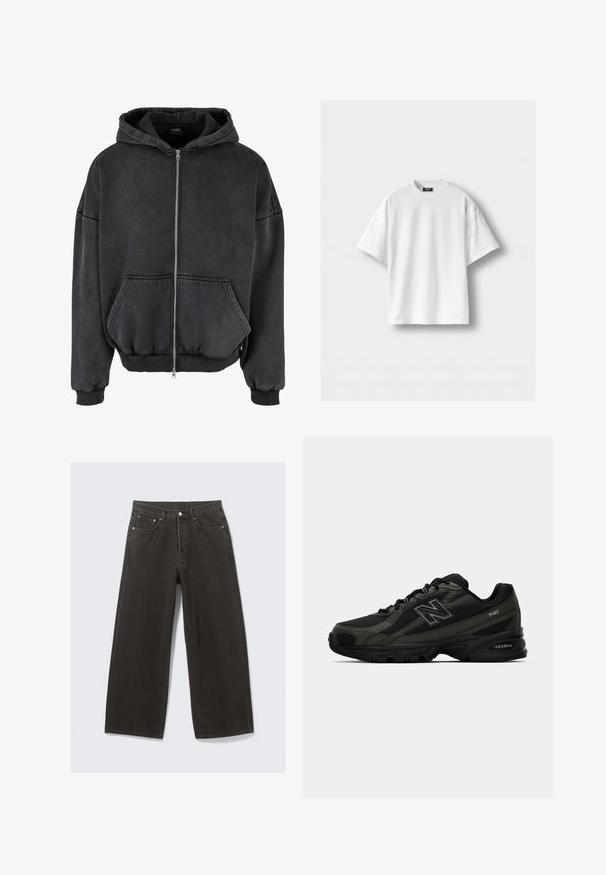 Sötét szürke zipzáros kapucnis felső, puha anyagból készült. Elülső zsebe van, bordázott mandzsettákkal és aljjal, valamint húzózsinóros kapucnival.; Fehér pamut póló rövid ujjakkal, kerek nyakkivágású és laza fazonú. Sima textúra, minta vagy díszítés nélkül.; A széles lábú fekete farmernadrág magas derékkal, öt zsebes dizájnnal és gombos záródással rendelkezik. Az anyag puha, textúrált felületű.; Fekete sportcipők, textúrált szintetikus felsőrészsel, párnázott talppal és kiemelkedő "N" logóval az oldalon. A dizájn könnyű hálós részeket is tartalmaz.
