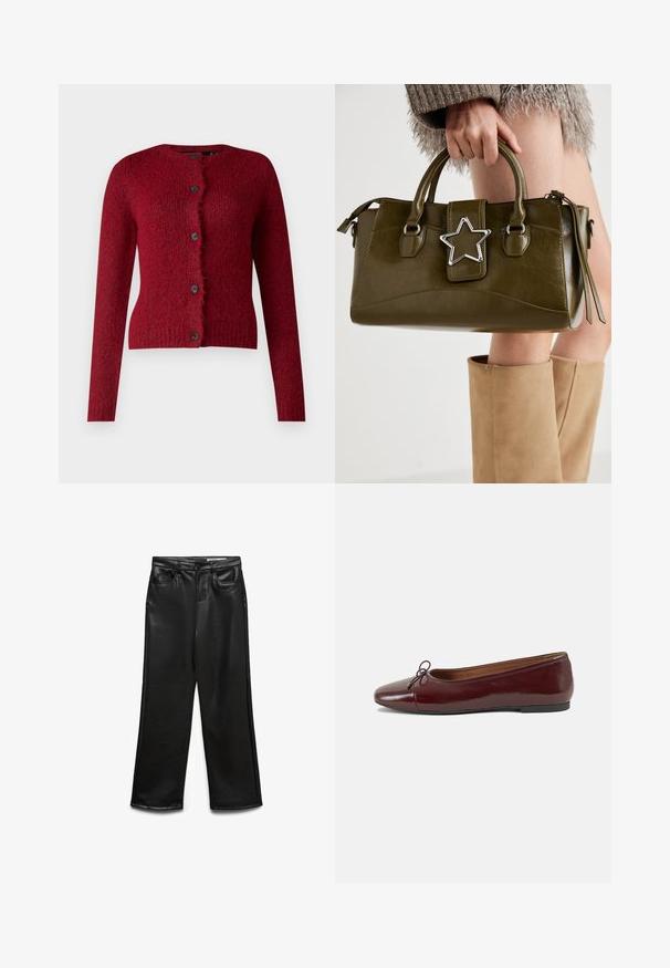 Vero Moda VMNOVAH LS O-NECK BUTTON NOOS - Cardigan - winetasting; Maglietta di cotone grigia con collo rotondo classico, maniche corte e tessuto liscio, adatta per un abbigliamento casual.; Pantaloni a gamba larga in ecopelle nera con tasche frontali, passanti per cintura e una sottile lucentezza. Texture liscia e vestibilità su misura.; Ballerine in pelle verniciata bordeaux con punta arrotondata, piccolo fiocco decorativo sulla parte anteriore e suola bassa in gomma nera. Texture liscia.; Borsa a mano in similpelle verde oliva con accentatura a stella argentata, manici doppi e chiusura con zip. Superficie testurizzata e forma strutturata.