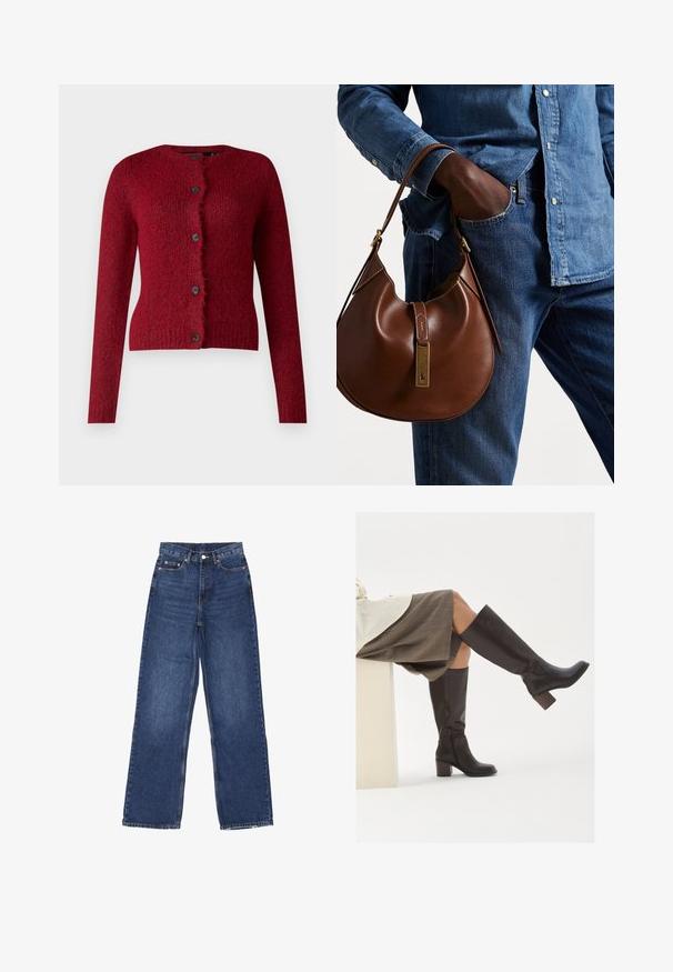 Vero Moda VMNOVAH LS O-NECK BUTTON NOOS - Kofta - winetasting; Två ärmlösa ribbade polotröjor i brunt och svart, presenterade mot en enfärgad vit bakgrund.; Bredbenta blå denimjeans med hög midja, med knäppning, fem fickor och subtila blekningar på tyget.; Bruna läderknähöga stövlar med fyrkantig tå, kraftig klack och sidodragkedja. Slät textur med en polerad yta.; Brun läder hobo-väska med en rund form, som har en accent av guldmetall och kontrasterande sömmar. Kombinerad med en denimskjorta och jeans.
