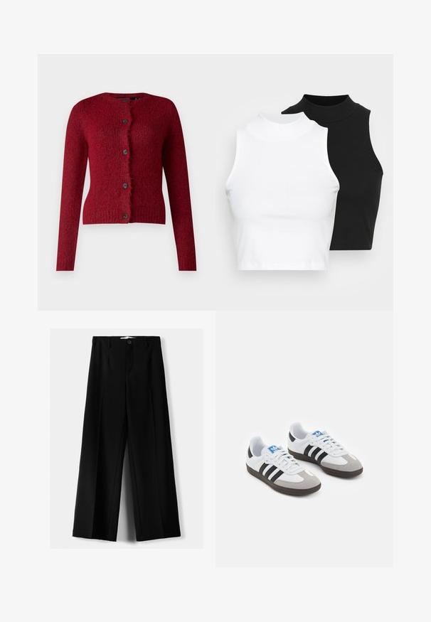 Vero Moda VMNOVAH LS O-NECK BUTTON NOOS - Kardigán - winetasting; Két ujjatlan, bordázott garbós top fekete és fehér színben, testhezálló kialakítással és sima textúrával, rövidített hosszal.; Fekete, bő szárú nadrág, könnyű anyagból, elöl gombos záródással és sima elfröccsenésű fazonnal, szépen varrott szegélyekkel.; Fehér bőr felsőrészes sportcipő, szürke velúrból készült orral és három fekete csíkkal. Jellemzője a kék logó a nyelvén és egy texturált gumitalp.