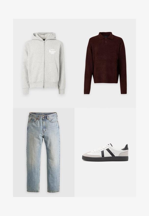 Šedá zipová mikina se zapínáním vpředu, dvěmi bočními kapsami a malým bílým grafickým potiskem na levé části hrudi.; Hnědý pletený pullover s polo límcem, třemi knoflíky na krku a dlouhými rukávy. Měkká textura, žebrované manžety a lem.; Svetle modré džíny z denimu s vysokým pasem, předním knoflíkem, zipem a designem s pěti kapsami, ležící rovně na neutrálním pozadí.; Bílé tenisky s černými a šedými akcenty, opatřené texturovaným šedým prstovým krytem, černou gumovou podrážkou a plochými bílými tkaničkami. Čistý design, minimalistický styl.