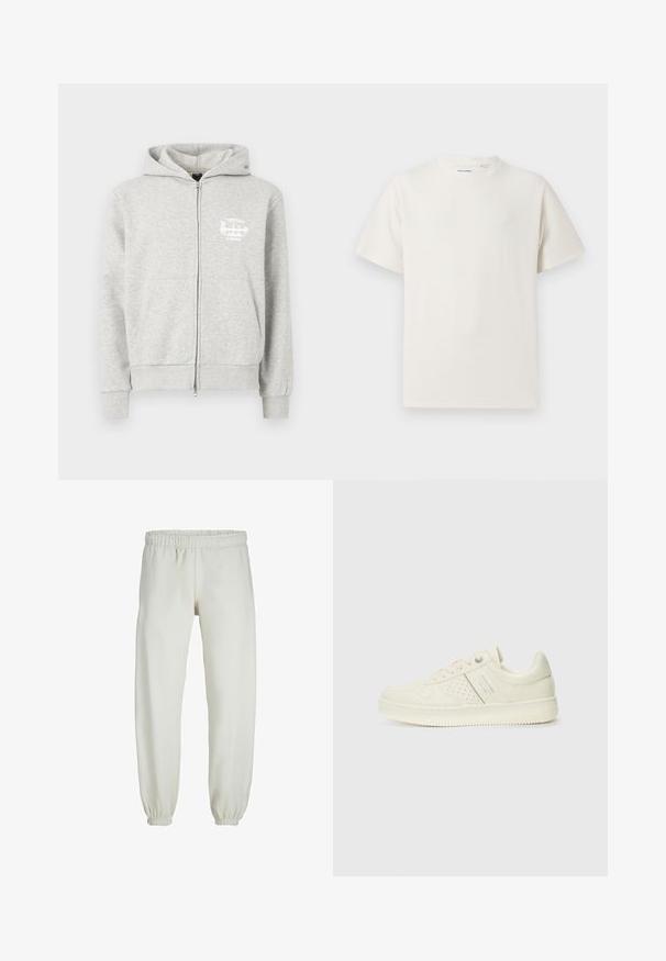 Szürke cipzáras kapucnis pulóver, elülső cipzárral, két oldalsó zsebbel és egy kicsi fehér grafikai nyomattal a bal mellkas területén.; Fehér, rövid ujjú póló bordázott textúrával. Kerek nyakkivágás, laza szabás, nincs látható minta vagy díszítés. Egyszerű és sokoldalú dizájn.; Fehér melegítőnadrág, puha anyagból készült, rugalmas derékrésszel és mandzsettával, sima tapintású és laza szabású.; Krém színű sneaker perforált részletekkel, fűzőkkel és logóval az oldalán, egy sima fehér háttér előtt kiállítva.