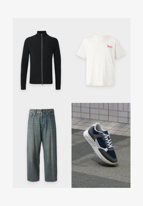 Juodas banguotas megztinis su aukštu apykakliu ir pilnu užtrauktuku, turintis ilgas rankoves ir stilingą siluetą.; Balta medvilninė T-marškinė trumpomis rankovėmis, su raudonu grafikiniu užrašu "BASEINO REMONTO PLAUKIMO PASLAUGOS" kairėje krūtinės pusėje.; Šviesiai mėlyni džinsai su laisvu siluetu, vidutinio aukščio juosmeniu ir tiesiomis kojomis. Su penkiais kišenėmis, diržo kilpo ir mygtukų uždarymu.; Sportiniai bateliai su tamsiai mėlynu tinkliniu viršumi, pilkais zomšiniais akcentais, balta guma padanga ir plokščiomis baltomis raištelėmis, sukurti komfortui ir oro pralaidumui.