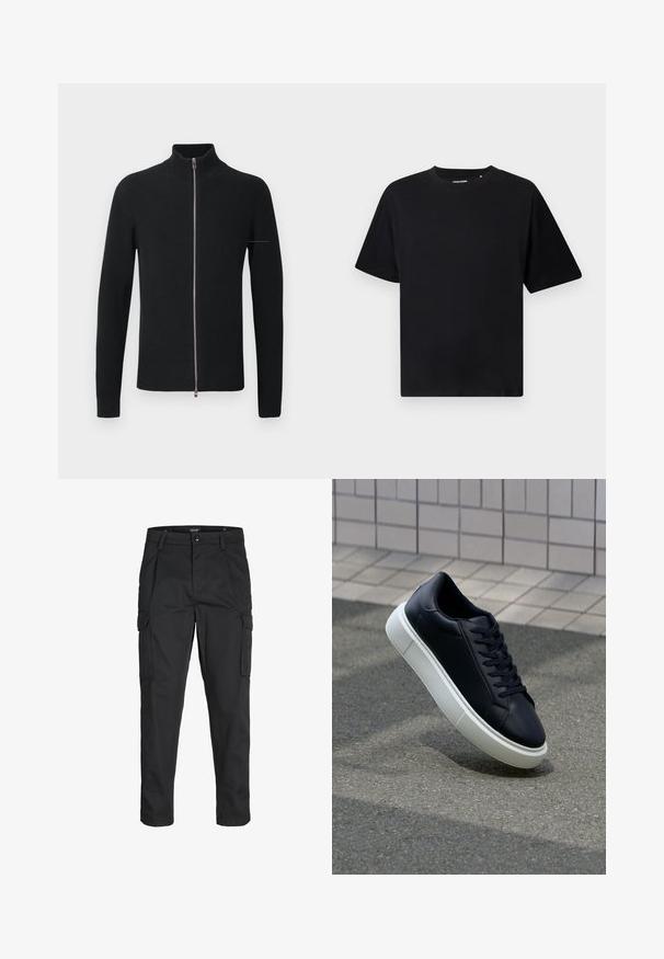 Black ribbed knitted sweater with a high collar and full-length zipper, featuring long sleeves and a sleek silhouette.; Black short-sleeve crew neck T-shirt with a relaxed fit, displayed on a white background.; Black cargo pants made of sturdy fabric, featuring multiple pockets, a button closure, and a slim fit design with tapered legs.; Black leather sneaker with rounded toe and white rubber sole. Features flat laces and minimal stitching on the upper. Textured sole for grip.