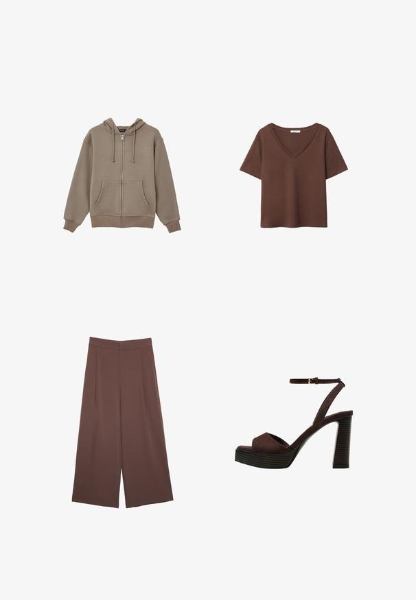 Felpa con zip marrone chiaro, dotata di cappuccio regolabile con lacci, tasche frontali e polsini e orlo a coste, realizzata in un morbido tessuto testurizzato.; T-shirt in cotone marrone con maniche corte e scollo a V profondo. Design semplice, texture morbida e orlo dritto. Senza fantasie o dettagli.; Pantaloni ampi marroni con una texture liscia, caratterizzati da una vita alta e pieghe frontali. Il tessuto è leggero e scorre liberamente.; Sandal in camoscio marrone con tacco alto, punta aperta, cinturino alla caviglia regolabile e suola a piattaforma striata.