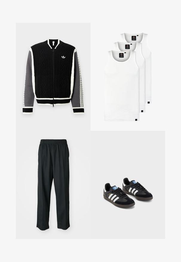 Pull noir en tricot avec fermeture éclair, motifs texturés, accents blancs et manches grises. Comprend un petit logo sur la poitrine et des poignets côtelés.; Trois débardeurs blancs côtelés en coton. Présentent un col rond et de petites étiquettes noires près de l'ourlet. Disponibles en plusieurs tailles.; Pantalons de sport noirs avec une taille élastique, fabriqués en tissu lisse, présentant des coutures latérales discrètes et une coupe décontractée, avec un design à jambes droites.; Des baskets noires avec une tige en suède et en matériaux synthétiques, dotées de trois rayures blanches, d'une semelle en caoutchouc texturé et d'une étiquette de logo bleue sur la languette.
