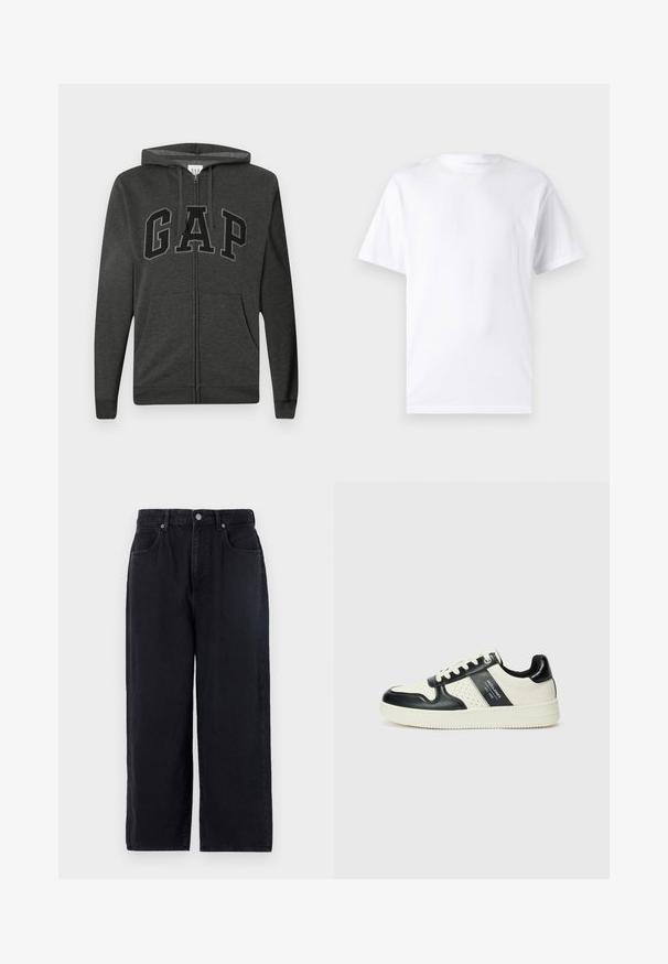 Tamsiai pilka zip-up gobtuvė su priekinėmis kišenėmis, reguliuojamu raišteliu ir didelėmis juodai apibrėžtomis "GAP" raidėmis per krūtinę.; Baltas trumpas rankovės marškinėlis, pagamintas iš medvilnės, su apvaliu kaklu, pasižymintis lygiu paviršiumi ir paprastu dizainu be raštų ar akcentų.; Juodos džinsinės kelnės su tiesiu kirpimu, turinčios penkias kišenes, mygtuko užsegimą ir švarų apdailą. Patvari medžiaga su matinio paviršiaus tekstūra.; Odiniai sportbačiai juodos ir kreminės spalvų schemoje, su perforuotais akcentais, paminkštinta apykakle ir tekstūruotu padu.
