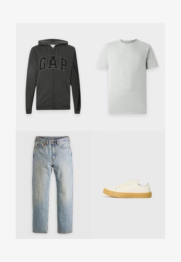 Tmavošedá mikina s kapucňou na zips, predné vrecká, nastaviteľná kapucňa so šnúrkou a veľké čierne obrysové písmená "GAP" naprieč hrudníkom.; Jednoduché svetlošedé tričko s krátkym rukávom a okrúhlym výstrihom, vystavené na bielom pozadí, pohľad z prednej strany bez viditeľných log a dizajnov.; Svetlomodré džínsy s vysokým pásom, predným gombíkom, zipsom a dizajnom s piatimi vreckami, rozložené na neutrálnom pozadí.; Plátne tenisky v off-white farbe s okrúhlym špičkou, s béžovými gumovými podrážkami a piatimi dierkami na šnúrky, textúrovaný povrch na hornej časti.