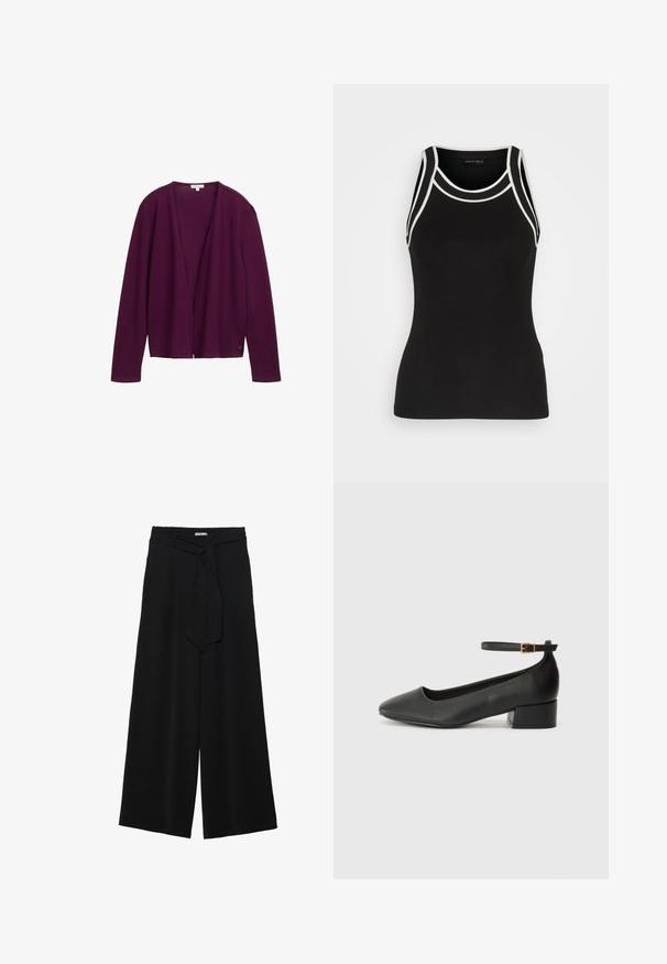 TOM TAILOR Kardiganas - blackberry; Juodas ribotas marškinių be rankovių modelis su baltu akcentiniu apdailu. Turinti apvalų iškirpimą ir „racerback“ dizainą. Pagaminta iš tamprios medžiagos patogumui.; Juoda plačių kojų kelnės, pagamintos iš tekstūruoto audinio, su elastingu juosmeniu ir atsegamu diržu juosmenyje, leidžiančiu reguliuoti dydį.; Juodas odinis aukštakulnis batelis su smailiu pirštu ir žemu bloku. Su kulkšnies dirželiu su auksinės spalvos sagtimi. Lygus paviršius.