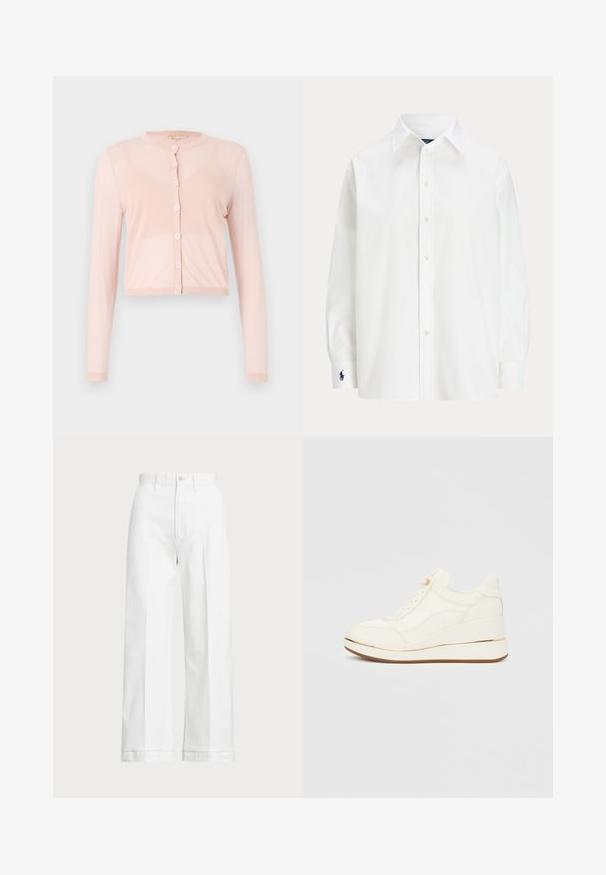 Pink, cropped cardigan made of soft-knit fabric, featuring long sleeves and a round neckline. Six buttons along the front with ribbed cuffs.; White button-up shirt with long sleeves, classic collar, and a small blue logo on the cuff. Smooth cotton fabric, structured fit.; White wide-leg trousers with a high waist, featuring a button closure and subtle stitching details. Made from cotton with a smooth texture.; White sneakers with a textured design, rounded toe, lace-up front, and a wedge heel accented by a gold stripe. Rubber sole.