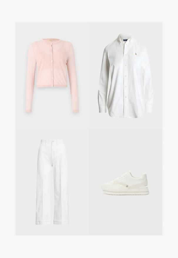 Cardigan rosa, cropped, feito de um tecido suave, com mangas longas e um decote redondo. Seis botões à frente com punhos canelados.; Camisa branca com colarinho clássico, mangas longas e um logo bordado discreto no peito. Feita em tecido de algodão de qualidade.; Calças brancas de perna larga com uma cintura alta, apresentando um fecho de botão e detalhes de costura discreta. Feitas de algodão com uma textura suave.; Sapatilhas brancas com uma mistura de materiais lisos e texturizados, apresentando um logótipo subtil, um design de atacadores e uma sola em ziguezague.