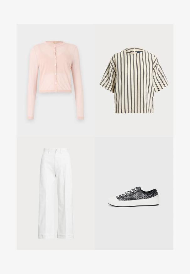 Pink, cropped cardigan made of soft-knit fabric, featuring long sleeves and a round neckline. Six buttons along the front with ribbed cuffs.; Short-sleeve, striped top in cream and navy, featuring a round neckline and boxy design with a textured fabric.; White wide-leg trousers with a high waist, featuring a button closure and subtle stitching details. Made from cotton with a smooth texture.; Black and gray patterned sneakers with a white rubber toe cap and sole, featuring black laces and a textured upper design.