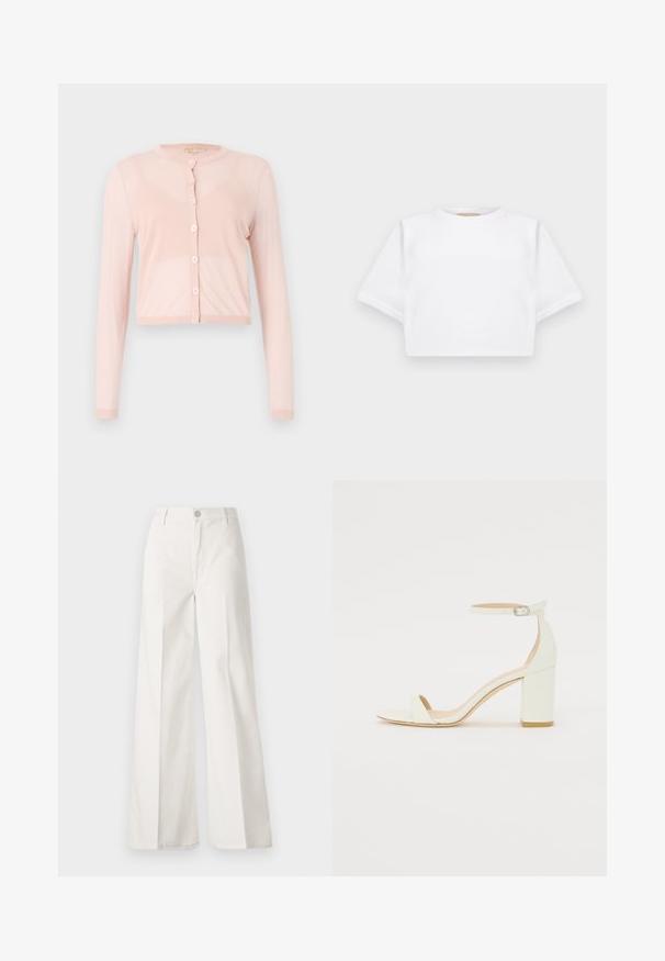 Cardigan roz, scurt, realizat dintr-un material tricotat moale, având mâneci lungi și guler rotund. Șase nasturi pe partea din față, cu manșete ribbate.; Tricou alb scurt dintr-un material moale, cu mâneci scurte, decolteu rotund și detalii ribbrate la margine. Design simplu și fără embellishments.; Pantaloni albi cu picioare largi, confecționați din bumbac cu o textură fină. Prezintă un buton în față, fermoar și un design cu patru buzunare.; Sandal din piele albă cu toc bloc, având o curea la glezna cu cataramă și un design minimalist. Vârf deschis și texturi netede pe întreaga suprafață.