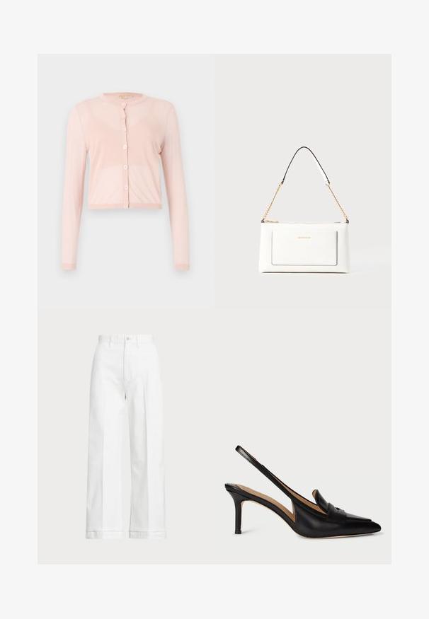 Rosa, kort cardigan i mjukt stickat material, med långa ärmar och rund halsringning. Sex knappar fram med ribbad manschett.; Vit ärmlös sweater gjord av mjuk bomull, med en ribbad nederkant och en liten marinblå logga på nedersta vänstra delen. Enkelt design, utan mönster.; Vita vida byxor med hög midja, med knappstängning och subtila sömmar. Tillverkade av bomull med en slät textur.; Svart läder slingback-pump med spetsig tå, låg klack och dekorativ rem över insteget. Slät textur och minimalistisk design.; Vit läderhandväska med texturerad yta, med guldkedjeslinga och svarta accenter. Inkluderar en framsida ficka och dragkedjestängning.