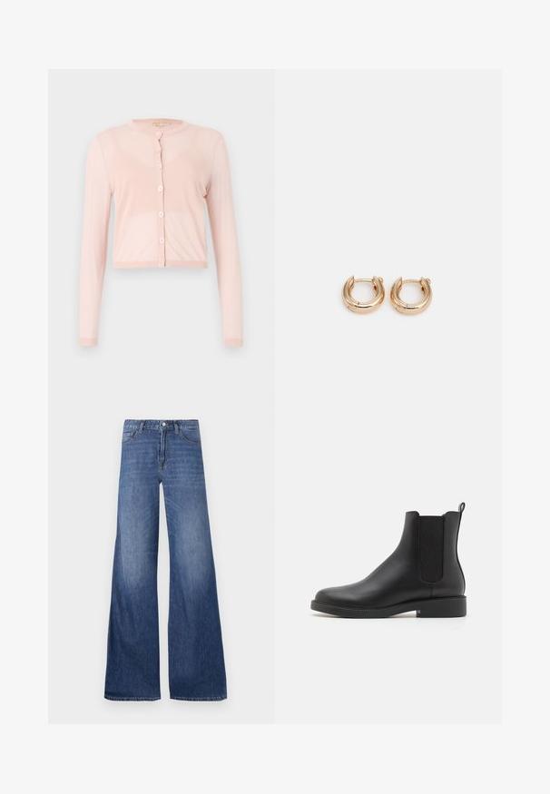 Rózsaszín, rövidített kardigán puhavirágzású anyagból, hosszú ujjal és kerek nyakkivágással. Hat gomb a fronton bordázott mandzsettákkal.; Fehér ujjatlan topp, puha, bordázott szövetből; vékony pántokkal és kerek nyakkivágással rendelkezik, a címke szerint "FRAME."; Széles szárú farmernadrág közepes kék mosással, öt zsebbel, övhurkokkal és gombos záródással. Simaság jellemzi enyhe kopással.; Fekete bőr bokacsizma rugalmas oldalpanelekkel, lekerekített orral, alacsony tömbsarkal és hátul elhelyezett húzófüllel a könnyű felhúzáshoz.; Arany fülbevalók polírozott felülettel, vastag, kör alakú kialakítással és biztos zárómechanizmussal. Simább textúra és fényes megjelenés.