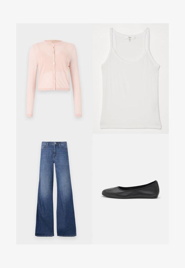 Rózsaszín, rövidített kardigán puhavirágzású anyagból, hosszú ujjal és kerek nyakkivágással. Hat gomb a fronton bordázott mandzsettákkal.; Fehér ujjatlan topp, puha, bordázott szövetből; vékony pántokkal és kerek nyakkivágással rendelkezik, a címke szerint "FRAME."; Széles szárú farmernadrág közepes kék mosással, öt zsebbel, övhurkokkal és gombos záródással. Simaság jellemzi enyhe kopással.; Fekete bőr balettcipő lekerekített orral, sima tekstúrával, minimális varrással és rugalmas talp kialakítással.