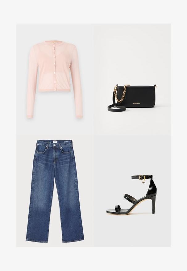 Ružový, skrátený kardigán vyrobený z mäkkého pleteného materiálu, s dlhými rukávmi a okrúhlym výstrihom. Šesť gombíkov pozdĺž prednej strany s rebrovanými manžetami.; Biela bezramenná tielko vyrobené z mäkkej rebrovanej látky; má tenké ramienka a okrúhly výstrih, na štítku je nápis "FRAME."; Citizens of Humanity ANNINA - Džínsy s rovným strihom - westwood dark indigo; Čierne lakované sandále s tromi pásikmi, spona na členku a 10 cm ihlovým podpätkom. Obsahujú zlaté detaily s hardwarem a logo prívesok.; Čierna kožená kabelka s pozláteným reťazovým doplnkom, hladká textúra a zlaté logo. Obsahuje nastaviteľný popruh pre všestrannosť.