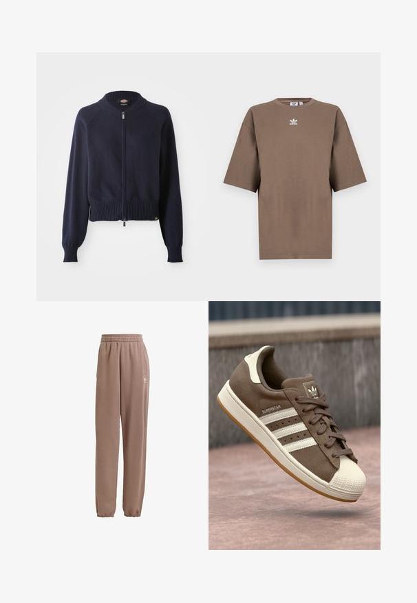 Sötétkék cipzáras pulóver bordázott aljjal és mandzsettákkal. Kerek nyakkal és raglán ujjakkal rendelkezik, puha kötött anyagból készült.; Barna pamut póló rövid ujjakkal, kerek nyakkal és fehér Adidas logóval a mellkason, egyszerű dizájnnal és laza szabással.; Barna melegítőnadrág, puha anyagból készült, rugalmas derékpánttal, oldalsó zsebekkel és rugalmas mandzsettákkal, fehér logóval kiemelve.; Barna velúr sportcipő fehér csíkokkal, krém színű kiegészítőkkel és gumis orral. Csipkés kialakítással és texturált gumi talppal rendelkezik.