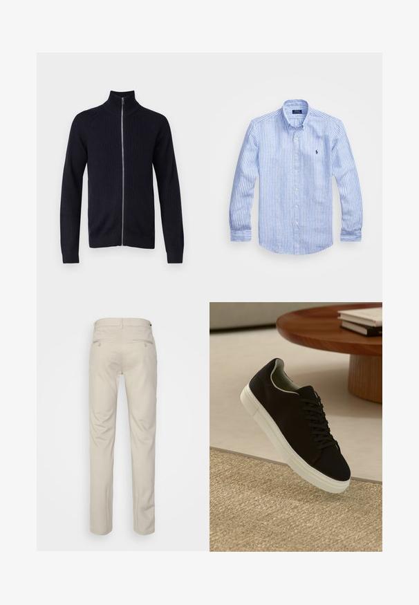 Pulover bleumarin cu model longitudinal, cu guler înalt și fermoar pe întreaga față. Mâneci lungi cu manșete ajustate și un design texturat pe toată suprafața.; Cămașă cu dungi albastre și albe, cu mânecă lungă, fabricată din bumbac, având un guler cu nasturi, nasturi pe față și un mic logo brodat pe piept.; Pantaloni bej cu o textură netedă, croială dreaptă, două buzunare laterale cu nasturi și un brâu standard.; Pantof din material textil negru, cu talpă albă, plutind deasupra unui covor texturat bej, lângă o masă rotundă din lemn cu cărți stivuite.