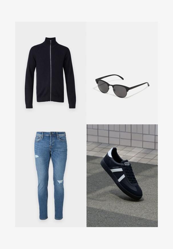 Maglione navy a coste con colletto alto e zip frontale completa. Maniche lunghe con polsini aderenti e un design testurizzato su tutta la superficie.; Maglietta bianca in cotone con maniche corte, scollatura rotonda, vestibilità comoda e senza loghi o motivi visibili. Texture liscia e design minimale.; Jeans in denim blu sbiadito con vestibilità slim, caratterizzati da zone strappate sulle ginocchia, chiusura con bottone e design a cinque tasche.; Sneaker neri in pelle con strisce bianche, suola in gomma texturizzata e allacciatura frontale. Presenta un'etichetta con il marchio sulla linguetta.; Occhiali da sole neri con lenti rotonde, finitura opaca e forma distintiva a occhio di gatto. Astine sottili con un branding discreto sulla tempia sinistra.