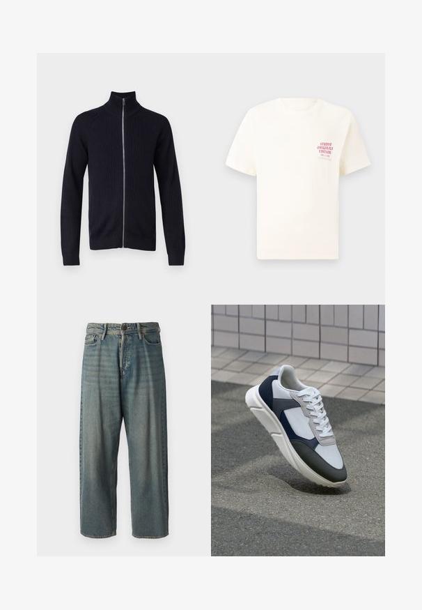 Námornícky rebrovaný sveter s vysokým golierom a plným predným zipsom. Dlhé rukávy s tesnými manžetami a textúrovaný dizajn po celom obvode.; Biele tričko s krátkym rukávom s červeným textom "Studio Originals Edition" na ľavej hrudi, zobrazené na neutrálnom šedom pozadí.; Svetlomodré denimové nohavice so voľným strihom, stredne vysokým pásom a rovnými nohavicami. Obsahujú päť vreciek, pútka na opasok a zapínanie na gombík.; Biele, námornícke a šedé tenisky s kombinovaným materiálom, so štruktúrovaným zvrškom, plochými šnúrkami a polstrovanou podošvou.