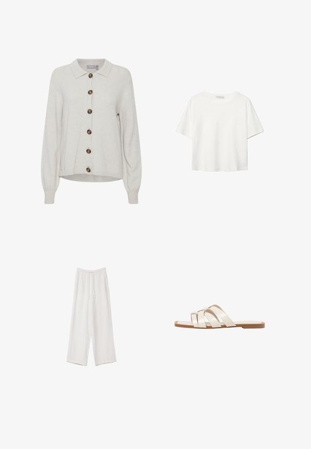Beżowy kardigan dzianinowy z kołnierzykiem, z dużymi brązowymi guzikami i prążkowanymi mankietami, zapewnia miękki i teksturowany wygląd.; Biała koszulka z krótkim rękawem, wykonana z bawełny. Posiada okrągły dekolt i luźny krój. Gładka faktura bez widocznych wzorów czy akcentów.; Białe spodnie o szerokich nogawkach wykonane z lekkiego materiału. Posiadają elastyczny pas z sznurkiem i boczne kieszenie. Gładka tekstura.; Płaskie sandały z brązową gumową podeszwą, zaprojektowane z trzema nakładającymi się na siebie białymi skórzanymi paskami i małym detalem w postaci kokardy na środku.
