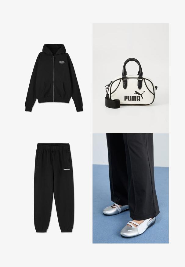 Felpa nera con zip realizzata in morbido cotone. Caratterizzata da una tasca a marsupio e polsini a coste. Piccolo logo bianco sul petto. Design e vestibilità classici.; T-shirt in cotone grigio con maniche corte, con collo girocollo e un piccolo logo bianco "PEGADOR" sul davanti. Tessuto morbido, vestibilità rilassata.; Pantaloni della tuta neri in tessuto morbido, con cintura elasticizzata regolabile, gambe affusolate e tasche laterali. Logo "PEGADOR" in bianco sulla parte anteriore.; Scarpe piatte argento e bianche con cinturini incrociati e dettagli testurizzati, abbinate a pantaloni neri larghi. Ambientate su un pavimento blu.; Borsa bianca con dettagli neri, con logo Puma. Manici corti e rotondi e tracolla staccabile, realizzata in materiale sintetico testurizzato.