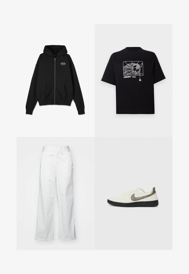 Črna zip-up kapuca iz mehkega bombaža. Ima kenguru žep in rebraste manšete. Majhen beli logotip na prsih. Klasičen design in kroj.; Črn T-majica iz bombaža s kratkimi rokavi. Na sprednji strani ima belo grafiko pajkove mreže in logo. Preprost okrogli izrez.; Bele hlače širokega kroja iz bombaža, z gladko teksturo, pravim fitom, sprednjimi žepi in čistim robom.; Nike Sportswear FIELD GENERAL - Športni copati - off-white/black